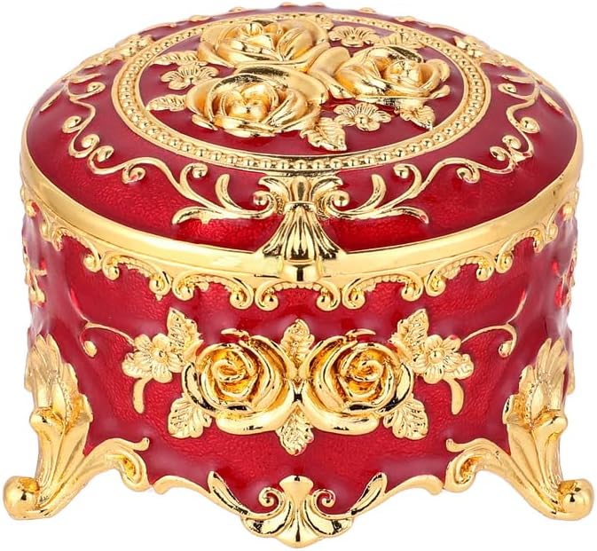 Retro round jewelry box creative small accessory storage box metal chest ring box collection commemorative box earring box earring necklace storage box women's gift small (Red)
