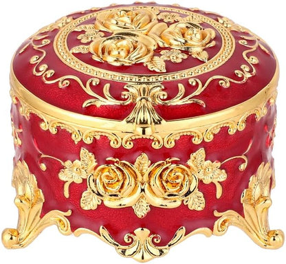 Retro round jewelry box creative small accessory storage box metal chest ring box collection commemorative box earring box earring necklace storage box women's gift small (Red)