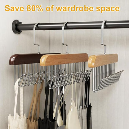 Belt Hanger 3 Pack with 24 Hooks, Sturdy Wooden Non-Slip Belt Holder, Space Saving Closet Organizer, Rotating Display Rack for Bra, Hat, Tank Tops
