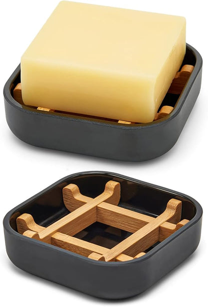 Bamboo Soap Dishes for Bar Soap Holders for Shower for Bathroom Sink Bulk Small Wooden Soap Tray Jabonera Pretty Neat Ventilated Soap Dish Disj Disk, Detachable (Single Rounded Black)