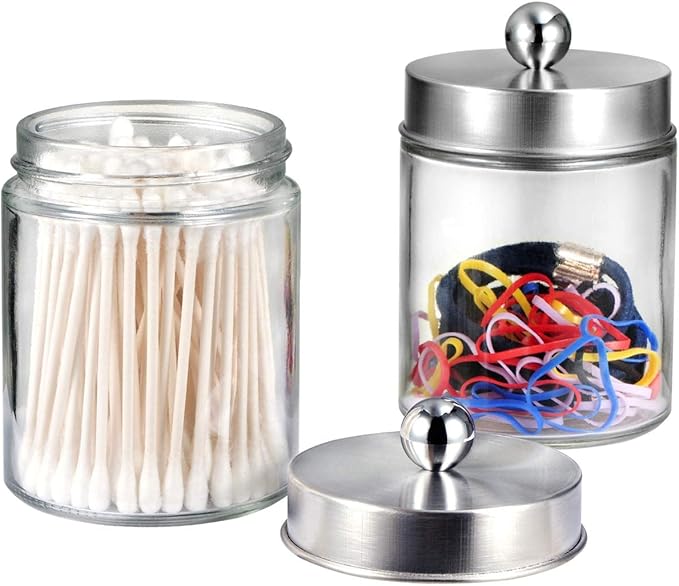 Amolliar 4Pc Apothecary Jars Bathroom Vanity Storage Organizer Set -Countertop Canister with Stainless Steel Lids &Stickers - Qtip Dispenser Holder for Qtip,Cotton Swab,Makeup Sponge (Brushed Nickel)