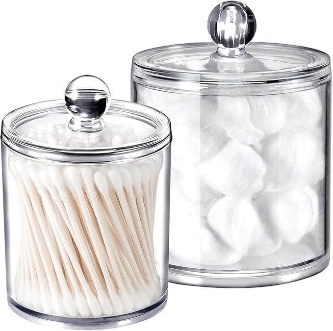 SheeChung Qtip Dispenser Holder Bathroom Vanity Organizer Apothecary Jars Canister Set for Cotton Ball，2 Pack,15 Oz. & 20 Oz.&Vintage Farmhouse Decor Metal Vanity Tray(Black，2 Pack)