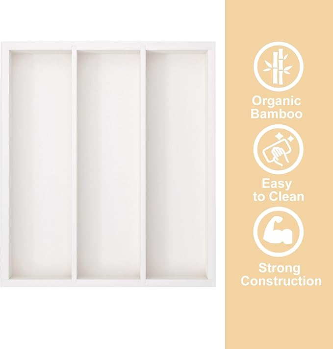 Fibogollo Silverware Organizer Bamboo Kitchen Drawer Organizer, Flatware Organizer Tray for Kitchen, Flatware, Utensils(White)