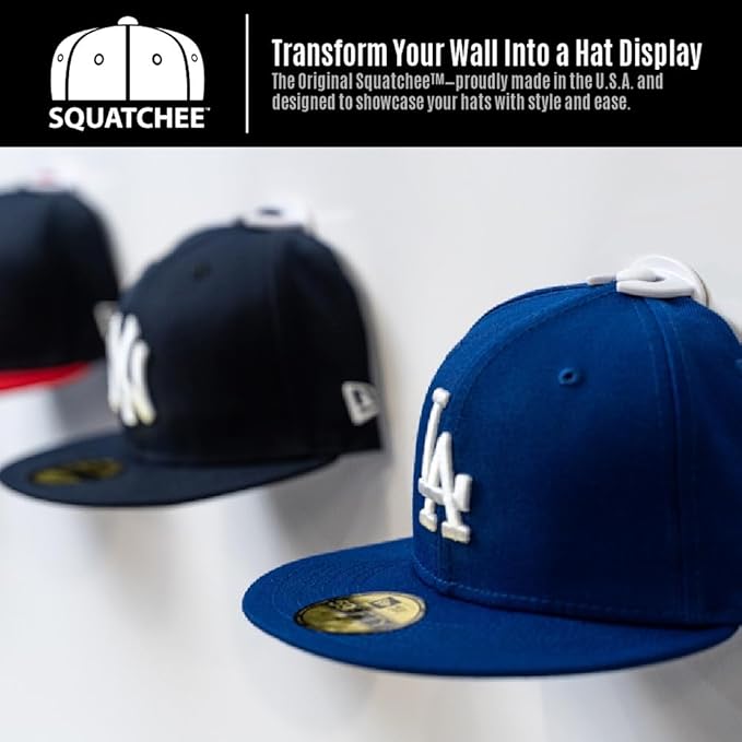 Premium Adhesive Hat Hooks | Made in U.S.A. | Wall Rack for Baseball Caps | Display Holders | Hangers for Closet & Doors | Organization & Storage | Patented Design (White, 5-Pack)