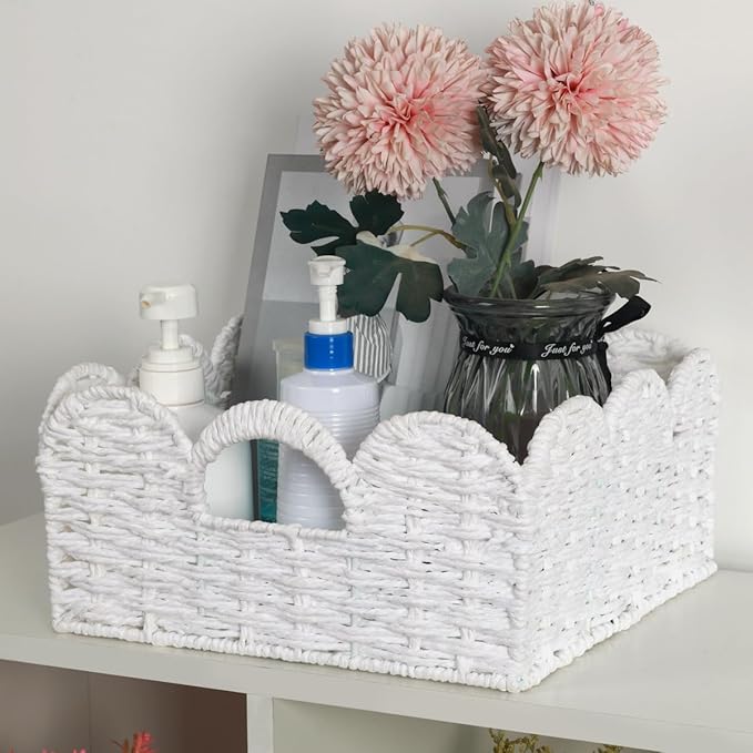Graciadeco Scalloped Wicker Basket Natural Paper Rope Storage Baskets with Handles Handwoven Organizer Bin Wicker Storage Baskets for Home Decor, Organizing, 2 Pack (White)