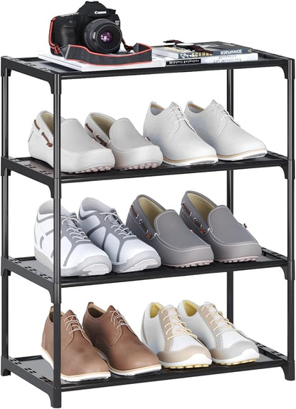 4-Tier Small Shoe Rack Space Saving Shoe Shelf Storage Organizer for Entryway Hallway Closet Bathroom Garage,Stackable Shoe Stand(Black)