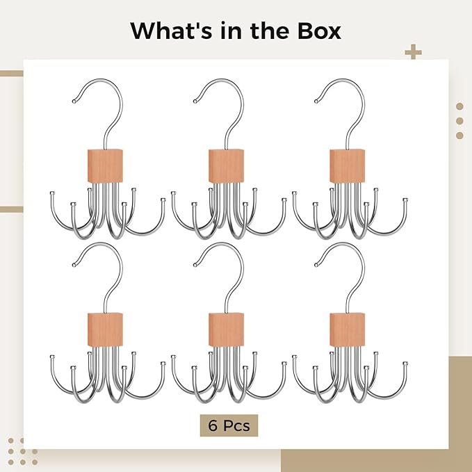 6-Pack Rotating Tie Hanger with 6 Hooks, Wooden Block with Stainless Steel Hooks for Scarves, Hats, Bags, Compact and Foldable