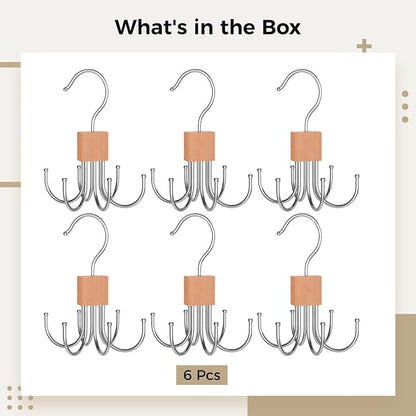 6-Pack Rotating Tie Hanger with 6 Hooks, Wooden Block with Stainless Steel Hooks for Scarves, Hats, Bags, Compact and Foldable