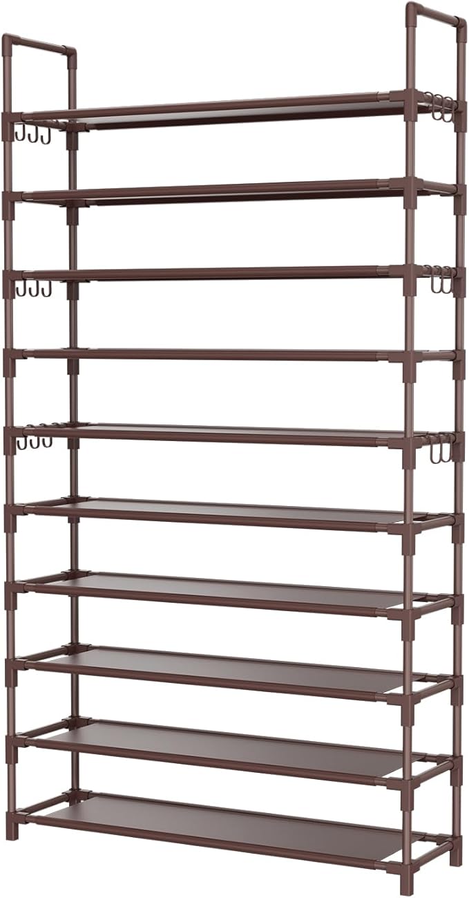 LANTEFUL Tall Shoe Rack 10 Tier Shoe Organizer Large Shoe Shelf with 18 Hooks Storage for 50 Pair Sneaker and Boot, Stackable Vertical Shoe Rack Organizer for Closet, Entryway, Bedroom, Brown
