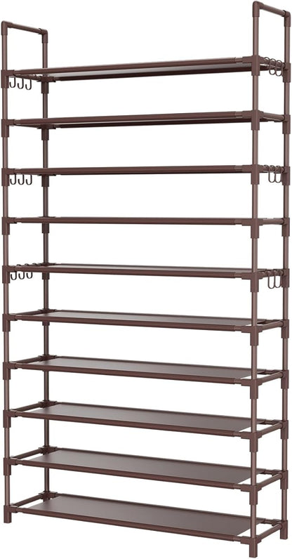 LANTEFUL Tall Shoe Rack 10 Tier Shoe Organizer Large Shoe Shelf with 18 Hooks Storage for 50 Pair Sneaker and Boot, Stackable Vertical Shoe Rack Organizer for Closet, Entryway, Bedroom, Brown