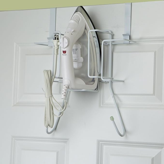 Sunbeam Laundry Room Metal Over the Door Hanging Ironing Board Holder and Organizer, Holds Standard Size Iron, Board, Spray Bottles, Starch, Fabric softener, White finish