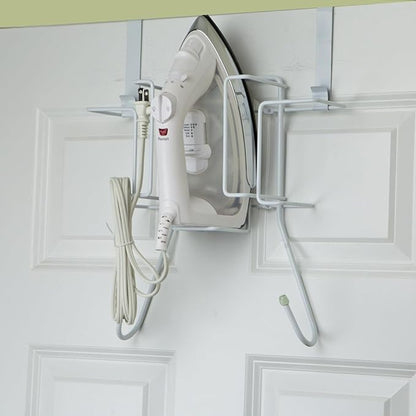 Sunbeam Laundry Room Metal Over the Door Hanging Ironing Board Holder and Organizer, Holds Standard Size Iron, Board, Spray Bottles, Starch, Fabric softener, White finish