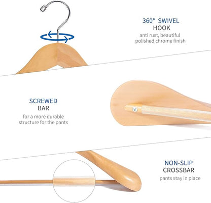 Nature Smile Luxury Natural Wooden Suit Hangers - 12 Pack - Wood Coat Hangers,Jacket Outerwear Shirt Hangers,Glossy Finish with Extra-Wide Shoulder, 360 Degree Swivel Hooks & Anti-Slip Bar with Screw