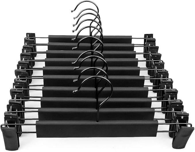 Pants Hangers,Black Clothes Plastic Pant Hangers with 2-Adjustable Anti-Rust Clips Skirt Hangers and 360 Rotatable Hook Trousers Jean Hangers 10 Pack