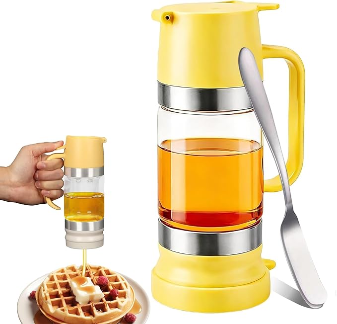 Honey Dispenser No Drip with Base, 12oz Glass Honey Dispenser with Handle, Pressure Design for Quantitative Honey Extraction Syrup and Jam (Yellow)