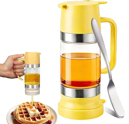 Honey Dispenser No Drip with Base, 12oz Glass Honey Dispenser with Handle, Pressure Design for Quantitative Honey Extraction Syrup and Jam (Yellow)