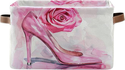 Large Storage Basket High Heel Pink Rose Storage Bin Cube Canvas Fabric Organizer Handles Collapsible for Clothes Toys Bedroom Decorative