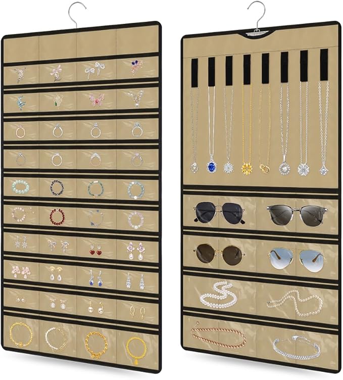 Hanging Jewelry Organizer 1 pack, Double-Sided,Multi-pocket-48 Pockets + 8 hook for Earrings/Necklaces/Rings/Bracelets, Sturdy Hooks fits Closet/Wall/Door, Gift for Women