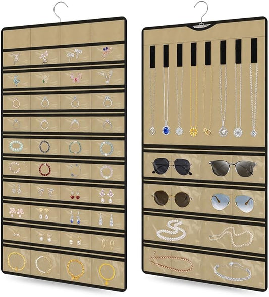 Hanging Jewelry Organizer 1 pack, Double-Sided,Multi-pocket-48 Pockets + 8 hook for Earrings/Necklaces/Rings/Bracelets, Sturdy Hooks fits Closet/Wall/Door, Gift for Women
