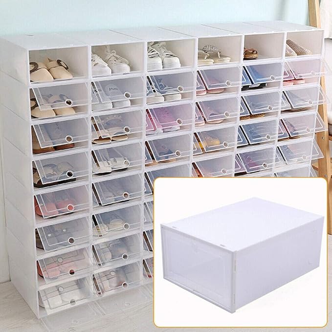 20/24 Pack Shoe Storage Boxes, Clear Plastic Stackable Foldable Shoe Organizer Bins, Drawer Type Front Opening Shoe Sneaker Holder Containers (24Pcs)