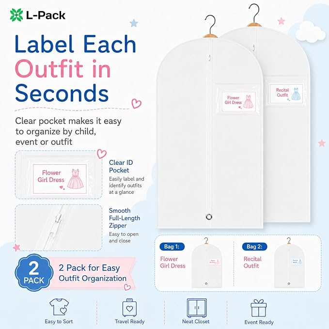 Kids Garment Bag 2 Pack for Hanging Clothes, Travel Garment Bags for Dresses, Dance Costumes & Suits, Breathable Clothes Cover for Baby Toddler Child,White, 30" x 18"