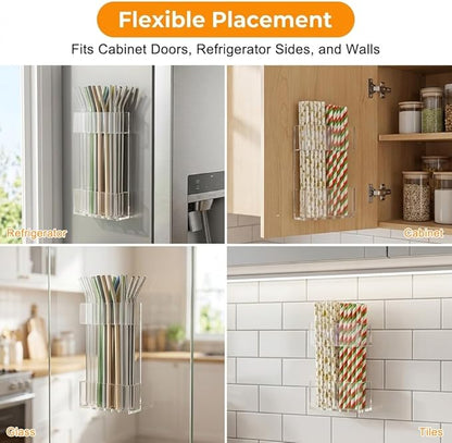 Acrylic Straw Holder for Cabinet Door, 2pcs Reusable Straw Organizer Storage with Sticky Adhesive Fits Both Short & Long Straws for Cabinet Kitchen Counter Cupboard Refrigerator