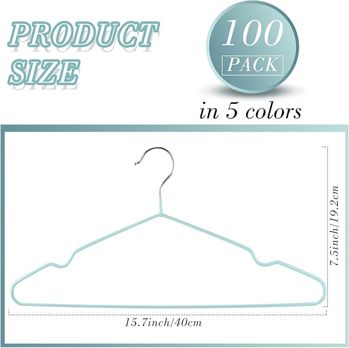 Wesiti 100 Pcs Metal Wire Non Slip Hangers for Clothes Space Saving Hanger Strong 15.7 in Triangle Clothes Coat Suit Bridal Boutique Dress for Closet Dorm Rack(Colorful)
