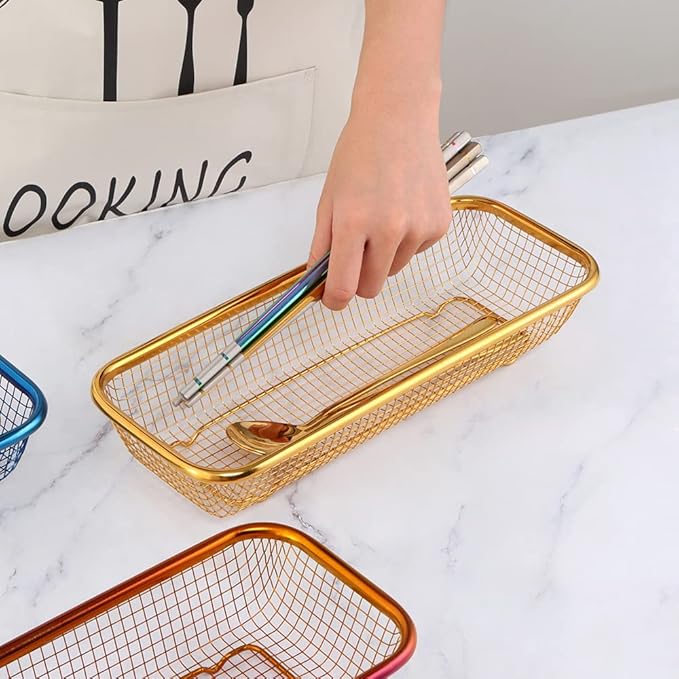 Kitchen Drawer Organizer, BuyGo Stainless Steel Storage Container Metal Cabinet Storage Basket for Holding Silverware Silver