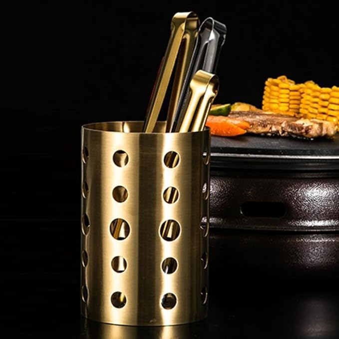 Stainless Steel Utensil Holder, Gold Utensil Holder, Metal Drying with Drain Holes, Chopstick Holder for Kitchen Counter Cooking Countertop