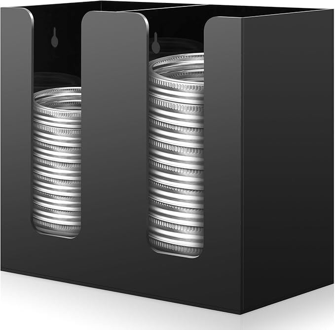 Black Mason Jar Lid Organizer (Wide Mouth & Regular Mouth) 2 Compartment Cup Dispenser Organizer Ball Jar Wooden Storage Accessories for Kitchen Coffee Tumbler Lids, Fit Mason/Canning/Bamboo Lids