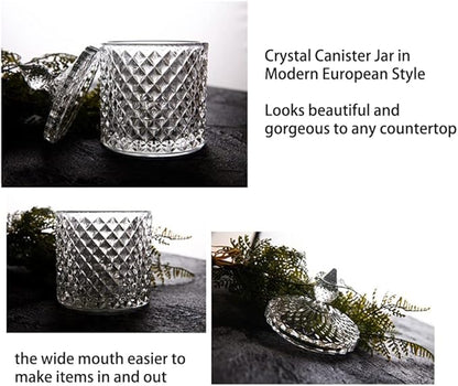 Glass Qtip Holder with Lid, Decorative Glass Apothecary Jar Crystal Canister Jar Bathroom Vanity Organizer for Q-tips, Cotton Ball & Swab, Cotton Pads, Hair Band, Candy Storage