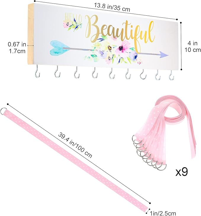 Jetec Hair Bow Organizers, Hair Clip Holders, Hello Beautiful Wall Mount Jewelry Holder with 9 Hooks for Room(Beautiful Style)