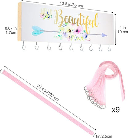 Jetec Hair Bow Organizers, Hair Clip Holders, Hello Beautiful Wall Mount Jewelry Holder with 9 Hooks for Room(Beautiful Style)