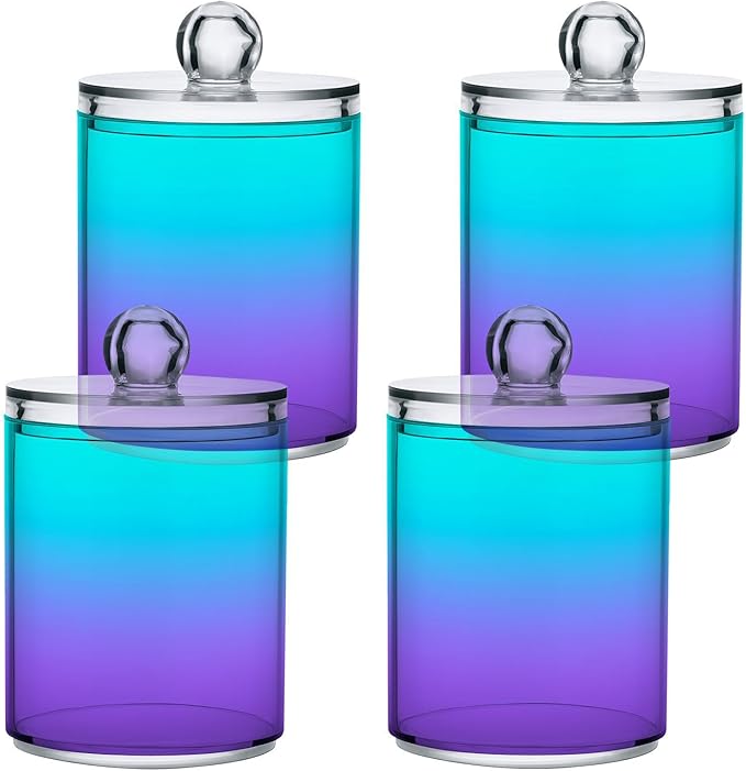Bright Turquoise Purple Qtip Dispenser Apothecary Jars Bathroom Qtip Holder Storage Canister Plastic Jar 10 Oz for Cotton Ball Swab Round Pads Floss 4pcs