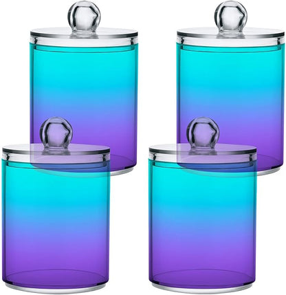 Bright Turquoise Purple Qtip Dispenser Apothecary Jars Bathroom Qtip Holder Storage Canister Plastic Jar 10 Oz for Cotton Ball Swab Round Pads Floss 4pcs