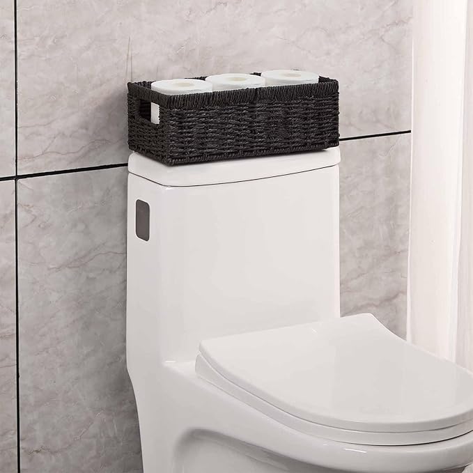 Vagusicc Wicker Storage Basket, Paper Rope Wicker Baskets with Handles, Toilet Paper Basket for Toilet Tank Top, Small Wicke Baskets for Organizing Shelves, 2-Pack, Black