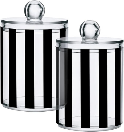 2 Pack Qtip Dispenser Apothecary Jars Bathroom Organizer, White and Black Striped Qtip Holder Storage Canister Plastic Acrylic Jar for Cotton Ball/Swab/Rounds