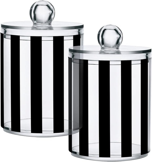 2 Pack Qtip Dispenser Apothecary Jars Bathroom Organizer, White and Black Striped Qtip Holder Storage Canister Plastic Acrylic Jar for Cotton Ball/Swab/Rounds