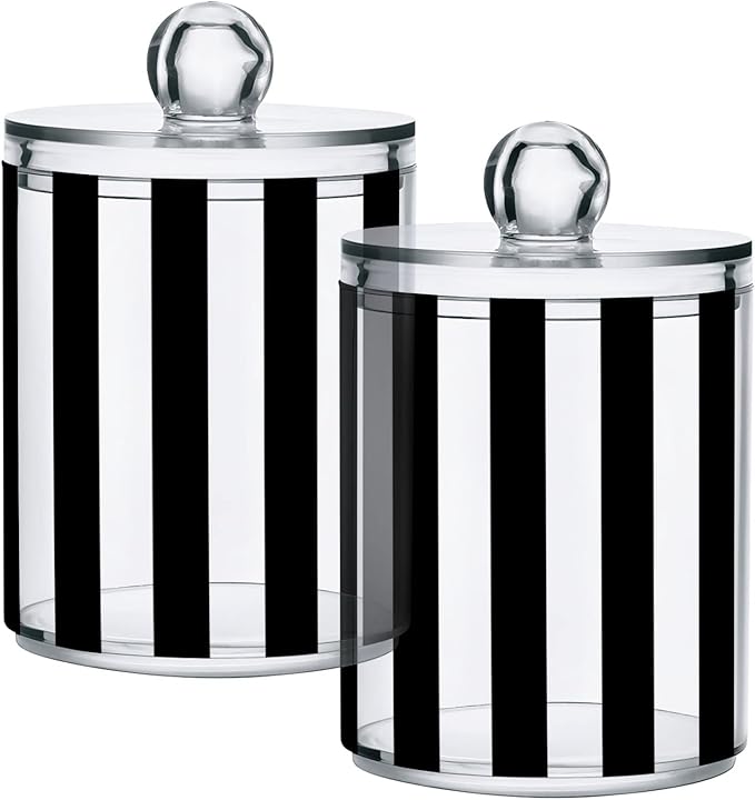 4 Pack Qtip Dispenser Apothecary Jars Bathroom Organizer, White and Black Striped Qtip Holder Storage Canister Plastic Acrylic Jar for Cotton Ball/Swab/Rounds