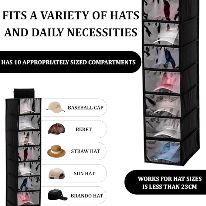 Hat Organizer, 10 Shelf Hanging Hat Organizer for Baseball Caps, Non-Woven Fabric Hats Rack with Dust Cover, Space-Saving Hat Holder Organizer for Closet, Dorm, Bedroom, Apartment
