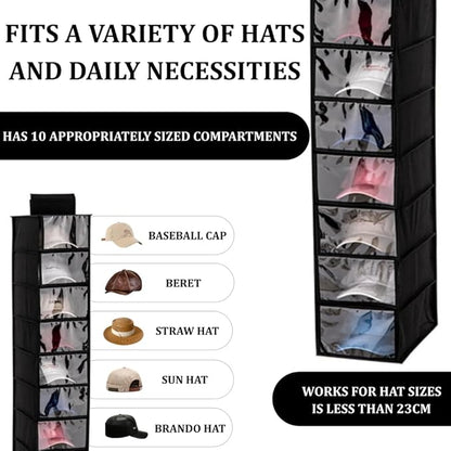 Hat Organizer, 10 Shelf Hanging Hat Organizer for Baseball Caps, Non-Woven Fabric Hats Rack with Dust Cover, Space-Saving Hat Holder Organizer for Closet, Dorm, Bedroom, Apartment