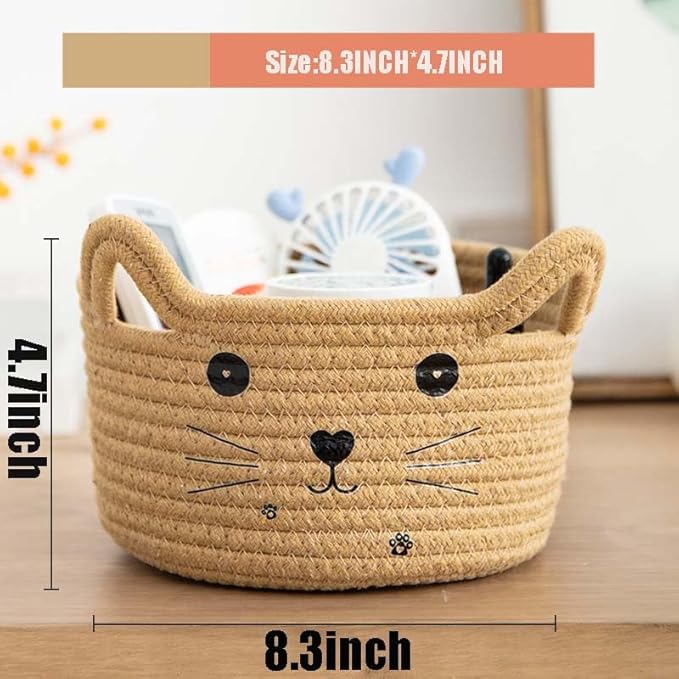 Cotton Rope Basket Yarn Basket With Ears Cute Baby Shower Gifts Cartoon Pet Toys Organizer Bins Small Basket For Makeup/Keys 8.3 x 4.7 inches,Brown