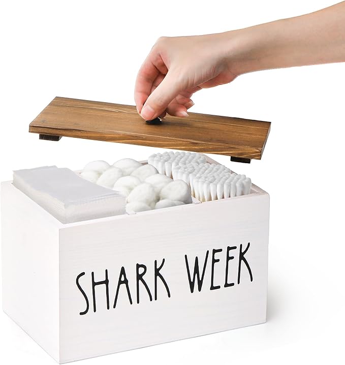 Hacaroa Tampon Holder for Bathroom, Shark Week Tampon Storage Organizer with Lid, Farmhouse Rustic Wood Pad Container Feminine Product Caddy Box for Bathroom Accessories, Movable Partition