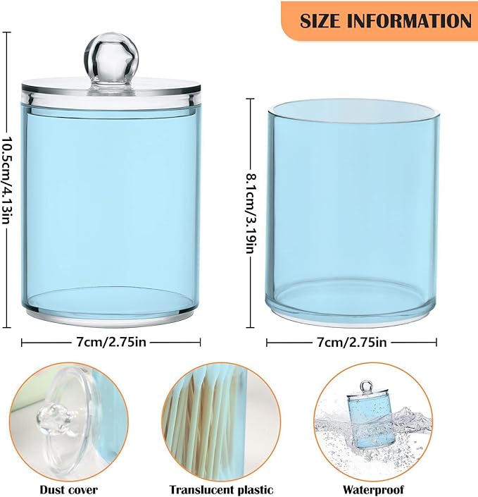 Light Blue Qtip Dispenser Apothecary Jars Bathroom Qtip Holder Storage Canister 10 Oz Plastic Jar for Cotton Ball Swab Round Pads Floss 2pcs