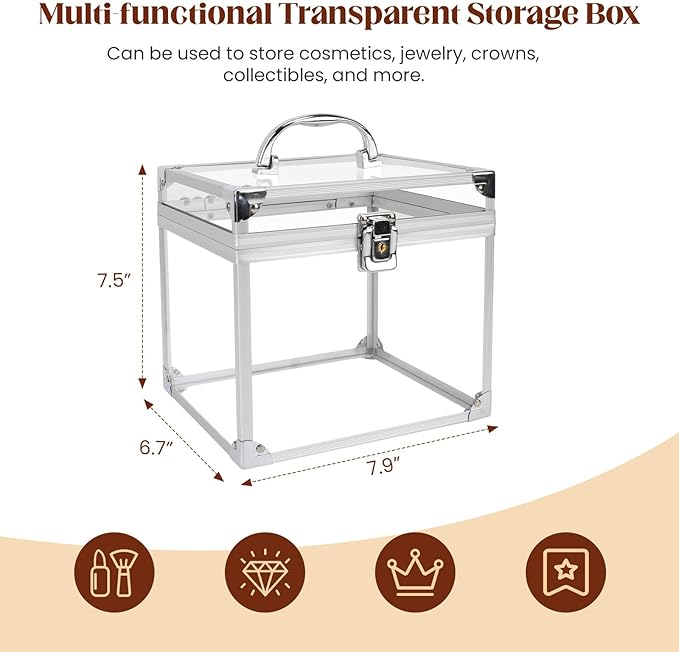 Crown Box 7.9 x 6.7 x 7.5inch, Clear Makeup Case,Cosmetic Organizer, Large Capacity Transparent Acrylic Artists Display Case for Vanity,Bathroom Counter or Dresser