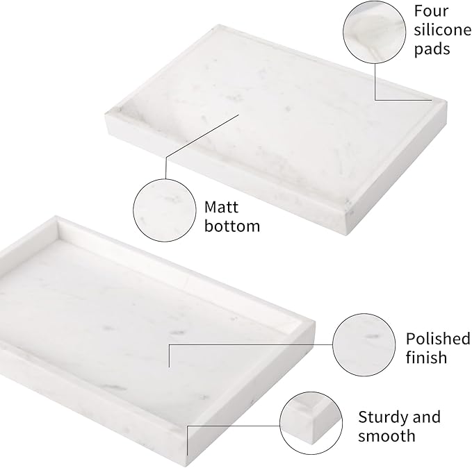 Marble Bathroom Vanity Tray, Natural Luxury Vanity Home Kitchen Bathroom Table Tray, Stone Decorative Countertop Dresser Trays for Key Coffee Perfume Jewelry Makeup (Jazz White, 12"x 8" x1.2")