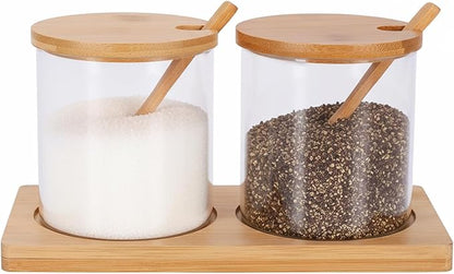 2 PCS Condiment Containers, Spice Rack with Bamboo Spoon Lid and Base, Sugar Bowl, Salt and Pepper Shakers Set for Salt Sugar Tea Herbal Coffee Beans, Clear