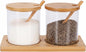 2 PCS Condiment Containers, Spice Rack with Bamboo Spoon Lid and Base, Sugar Bowl, Salt and Pepper Shakers Set for Salt Sugar Tea Herbal Coffee Beans, Clear