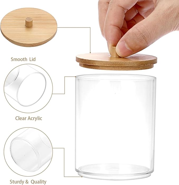 Hipiwe 2 Packs Acrylic Qtip Holder Clear Bathroom Dispenser with Lid Plastic Bathroom Canisters Round Apothecary Jar Set Cotton Swab and Ball Storage Organizer for Makeup Sponges, Bath Salts
