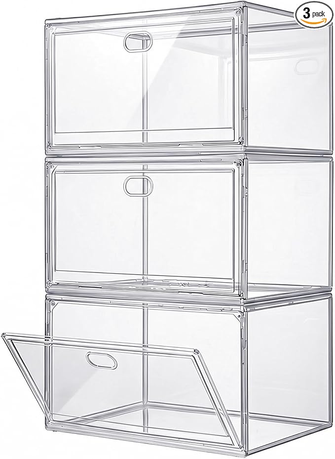 3-Pack Clear Stackable Shoe Display Cases – Large Plastic Storage Bins with Magnetic Door for Size 14 Sneakers, Organizer for Handbags, Collectibles & Closet